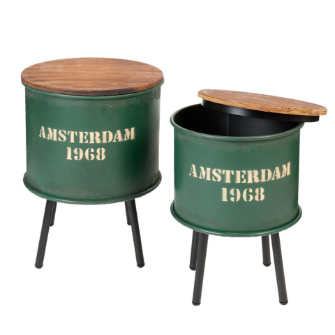 Zestaw zielonych stolików loftowych Amsterdam metal i drewno