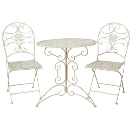 Białe meble ogrodowe w stylu vintage stolik i dwa krzesła