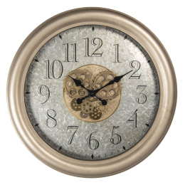 Metalowy zegar ścienny z ozdobnymi trybami vintage B