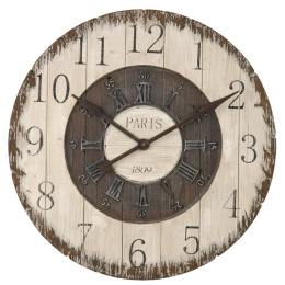 Duży okrągły zegar ścienny vintage z drewniną tarczą