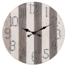 Duży okrągły drewniany zegar ścienny vintage w pasy