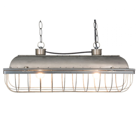 Długa metalowa lampa industrialna z kratą