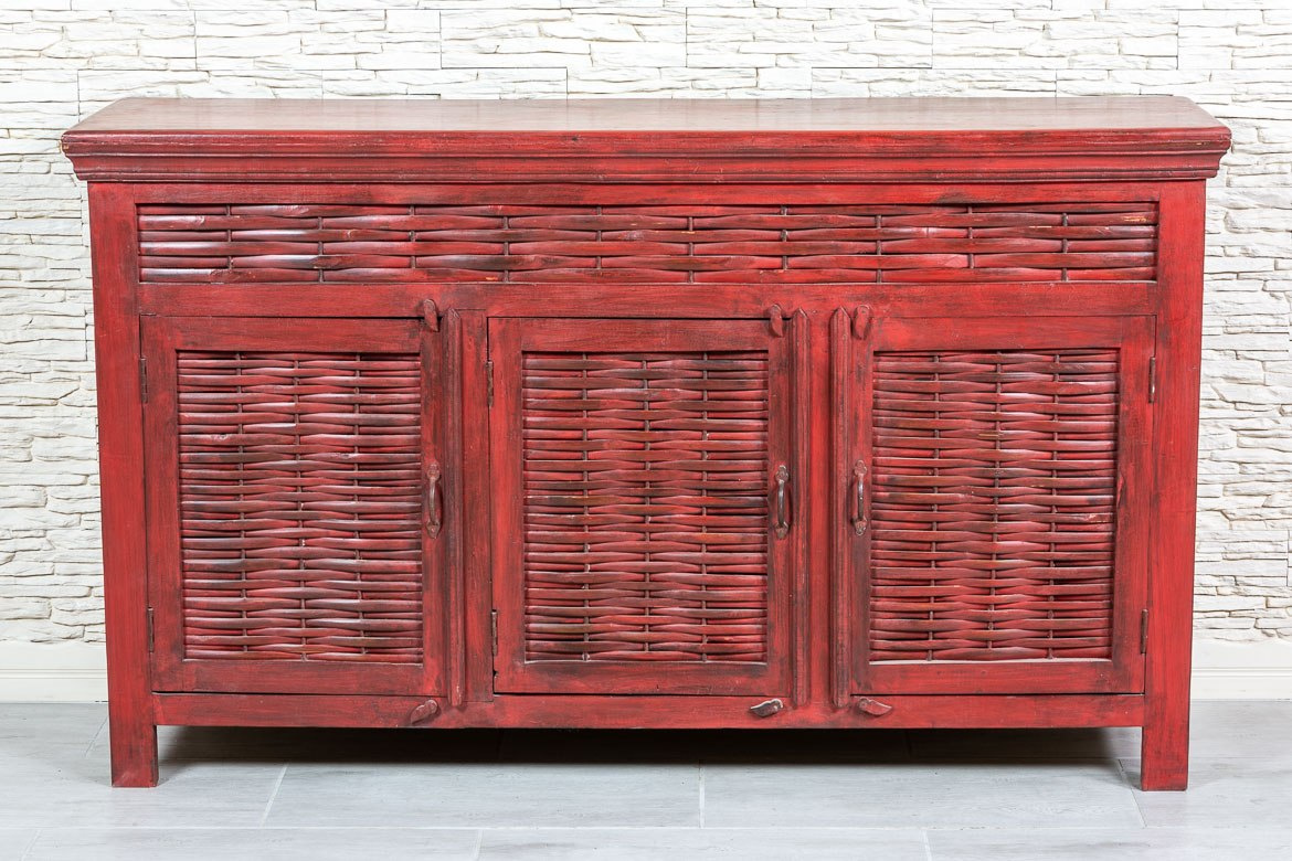 Indyjska czerwona komoda drewniana z bambusowym frontem