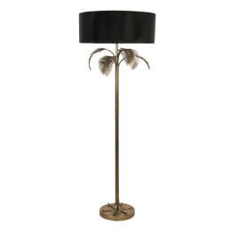 Złota lampa w kształcie palmy z czarnym kloszem