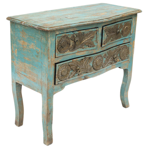 Niebieska przecierana komoda na nóżkach w stylu orientalnym