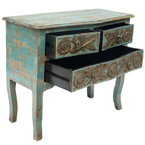 Niebieska przecierana komoda na nóżkach w stylu orientalnym