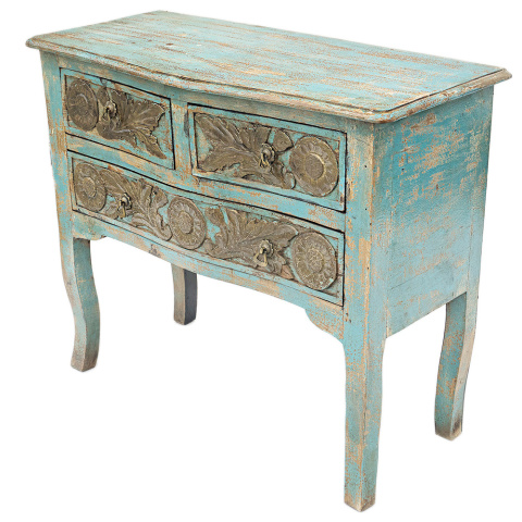 Niebieska przecierana komoda na nóżkach w stylu orientalnym