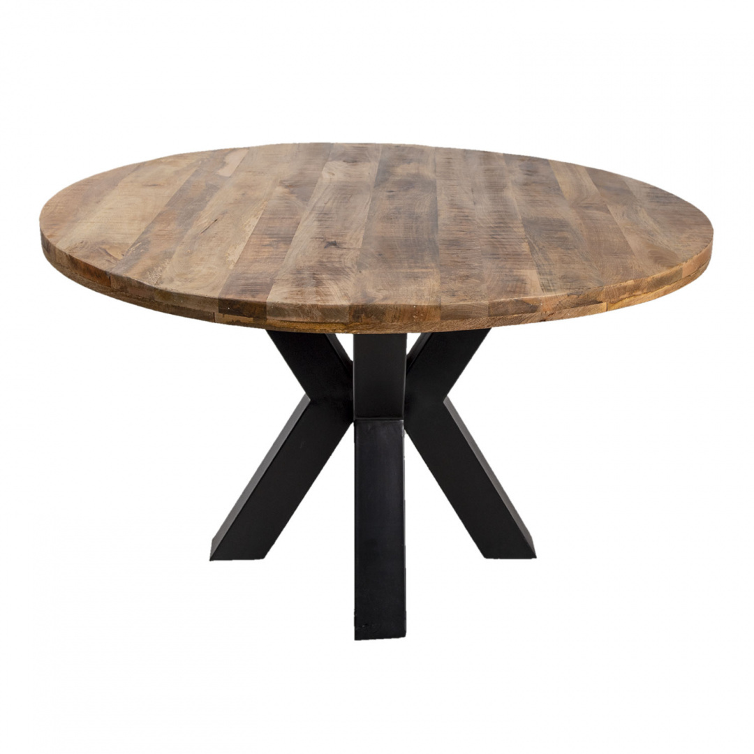 Okrągły drewniany stół skandynawski na metalowym krzyżaku