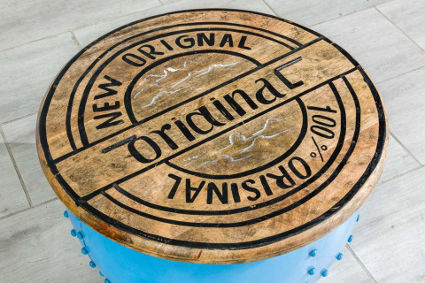 Okrągły niebieski stolik indyjski ze schowkiem loft