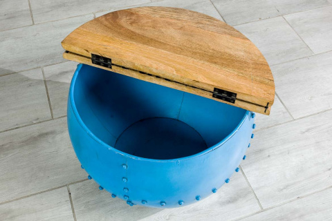 Okrągły niebieski stolik indyjski ze schowkiem loft