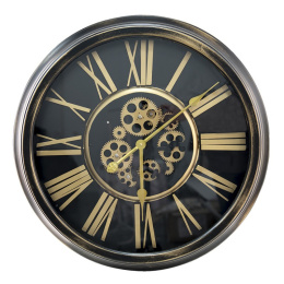 Czarny pozłacany zegar ścienny vintage z ozdobnym mechanizmem