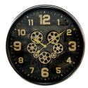 Czarny zegar ścienny vintage z ozdobnym mechanizmem