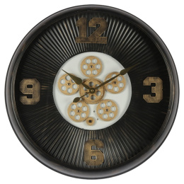 Czarny przecierany zegar ścienny vintage z ozdobnym mechanizmem