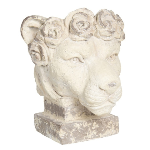Posąg na podstawie głowa lwicy z różami