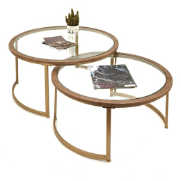 Okrągłe stoliki kawowe ze szklanymi blatami drewno i metal