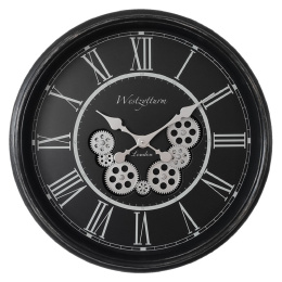 Czarny przecierany zegar z ozdobnymi trybami