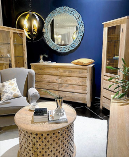 Okrągłe lustro w drewnianej niebieskiej ramie 120 cm