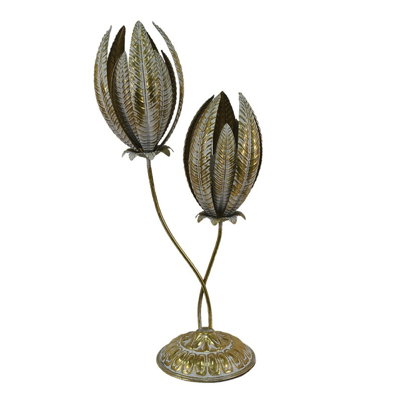 Złota postarzana lampa stojąca kielichy kwiatów vintage
