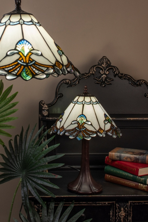 Biała lampa witrażowa stołowa TIFFANY Clayre & Eef
