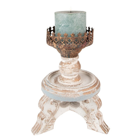 Drewniany świecznik rusykalny z metalowym dekorem