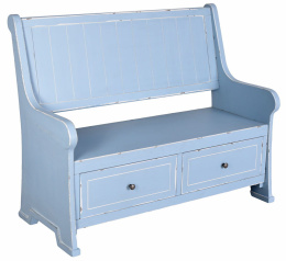 Niebieska drewniana ławka z szufladami
