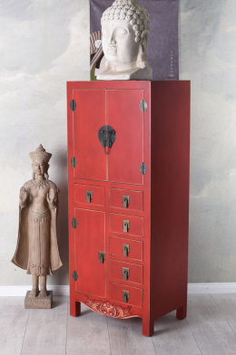Czerwona szafka orientalna z szufladami w stylu chińskim