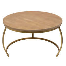Okrągły metalowy stolik kawowy z drewnianym blatem