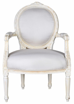 Jasny fotel tapicerowany z podłokietnikami Ludwik XVI