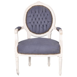 Szary fotel tapicerowany z podłokietnikami Ludwik XVI