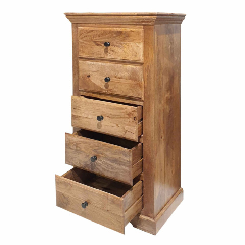 Wąska drewniana komoda inyjska toffi z szufladami