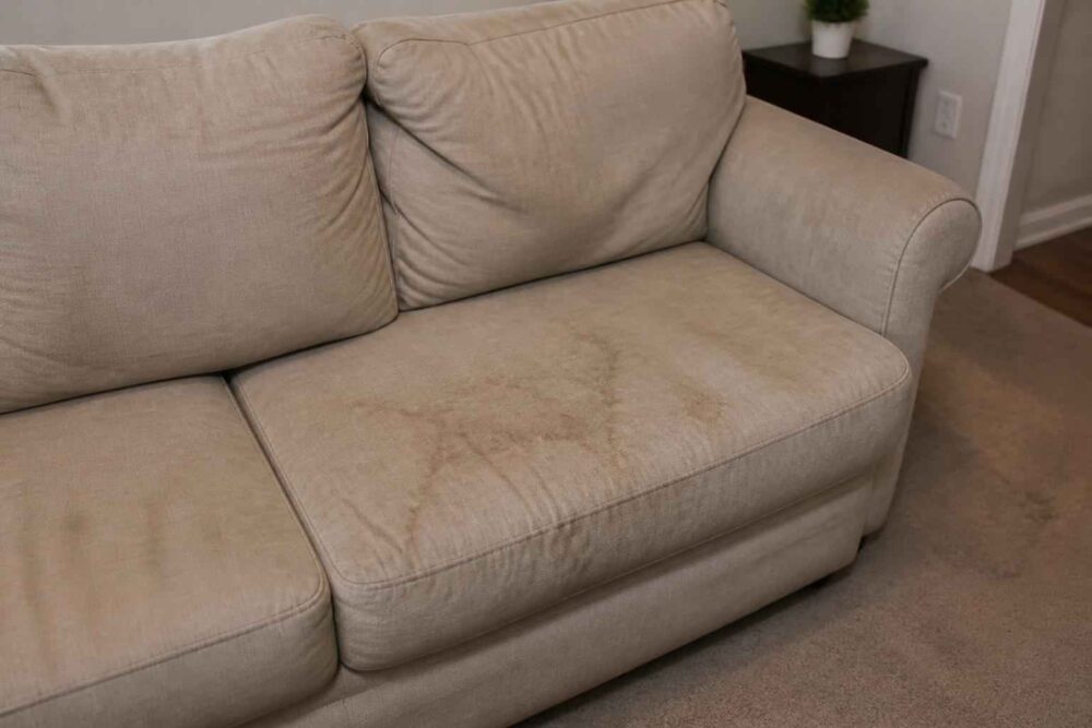 Beżowa sofa z poduszkami na siedzisku w salonie
