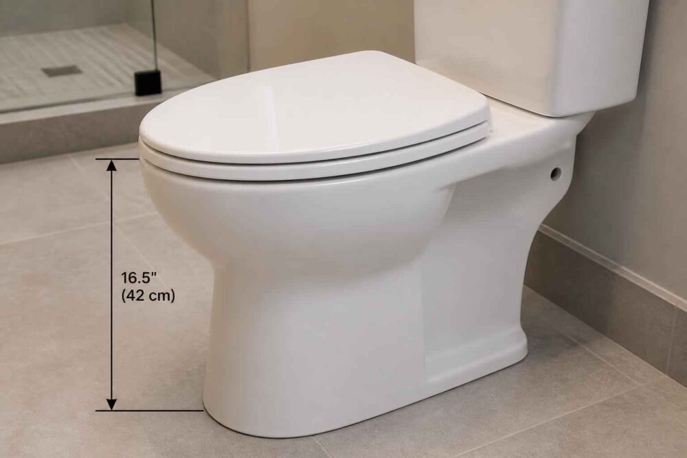 Biała toaleta stojąca z zamkniętą deską i oznaczeniem wysokości 42 cm w łazience