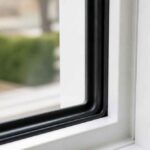 Zbliżenie białej ramy okiennej z czarną uszczelką i widokiem zielonego żywopłotu za szybą
