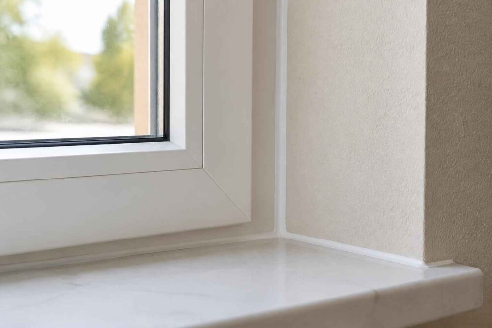 Biały parapet i narożnik ściany przy nowoczesnym oknie PVC