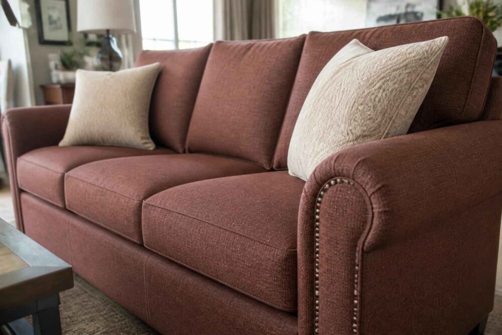 Brązowa sofa z ozdobnymi nitami i dwiema kremowymi poduszkami w jasnym salonie