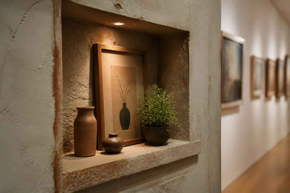 Ceramic vases and a potted plant displayed beside framed art in a recessed gallery wall alcove