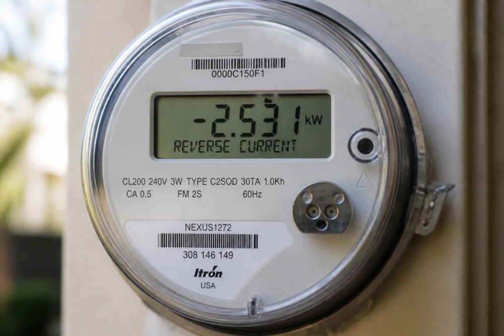 Cyfrowy licznik energii elektrycznej z wyświetlaczem pokazującym moc -2531 kW i komunikat reverse current