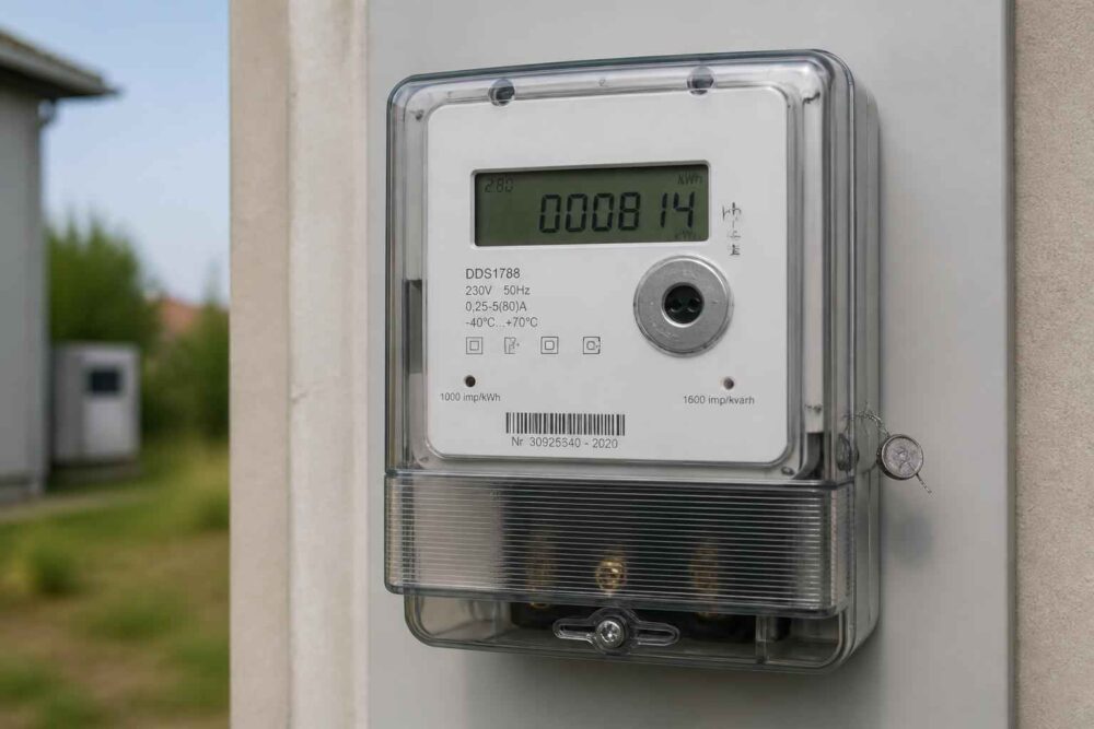 Cyfrowy licznik energii elektrycznej zamontowany na zewnętrznej ścianie budynku