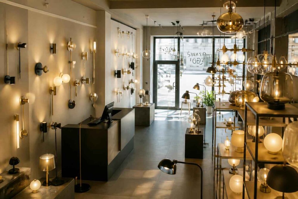 Wnętrze showroomu z kolekcją dekoracyjnych lamp wiszących, stołowych i podłogowych