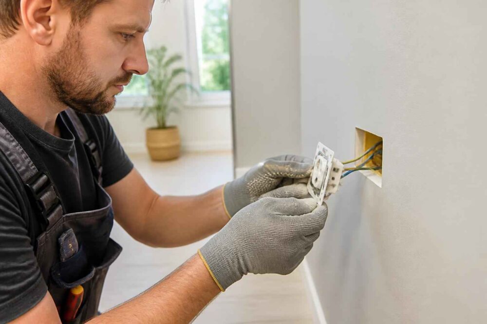 Elektryk w rękawicach podłącza przewody w puszce elektrycznej w ścianie