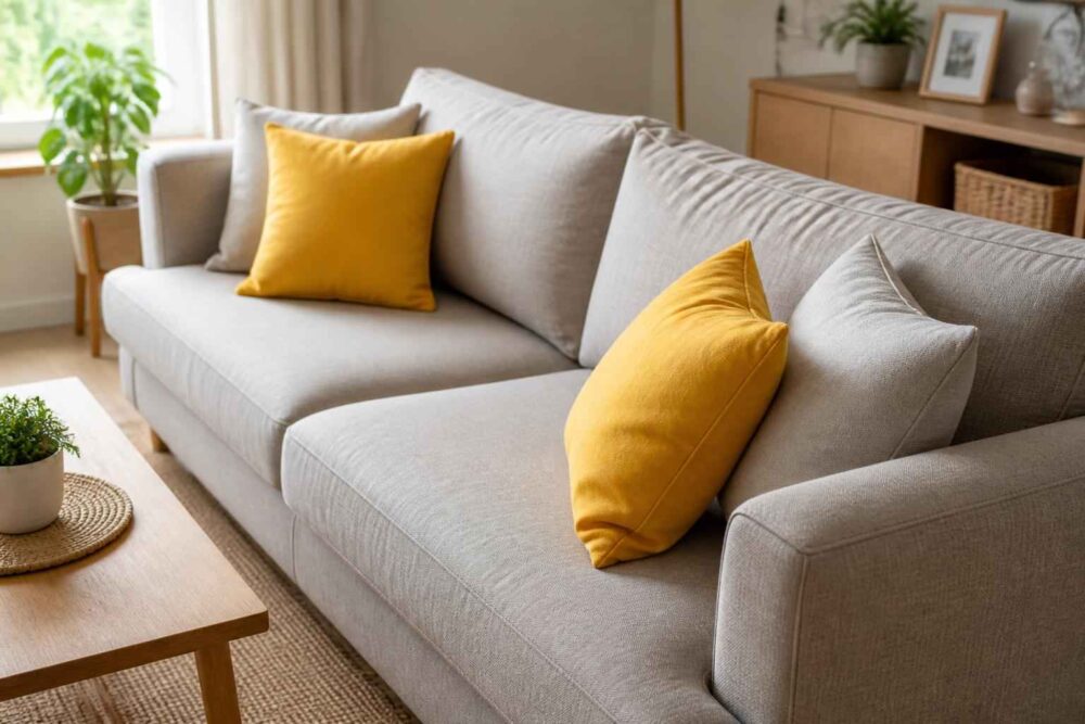 Jasna narożna sofa z dwiema żółtymi poduszkami w przytulnym salonie z roślinami