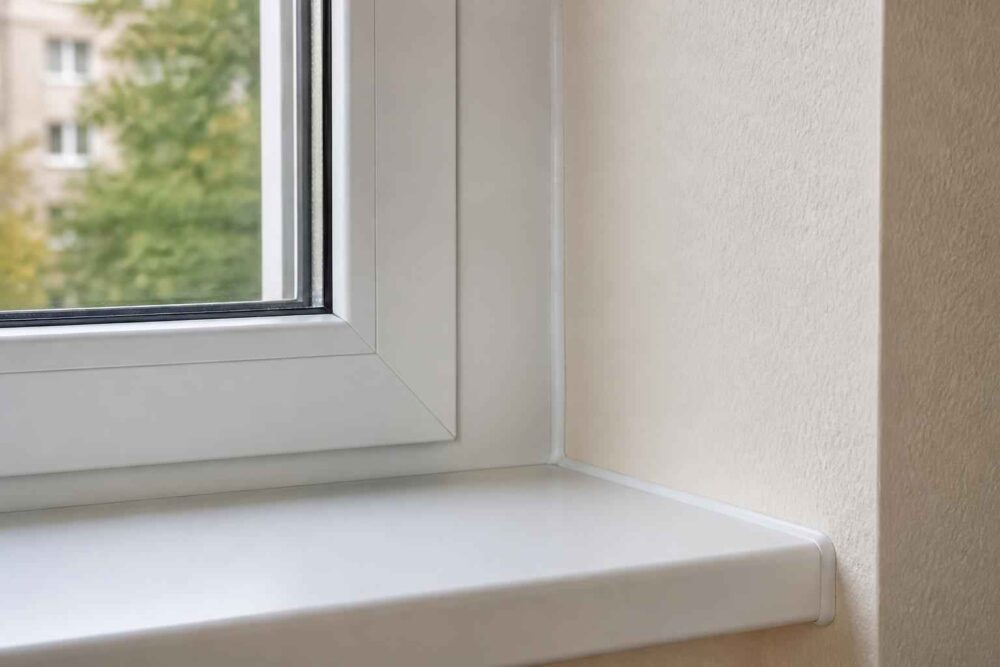 Biały parapet pod oknem z widokiem na drzewa i sąsiedni budynek