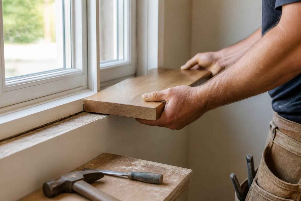 Mężczyzna montuje drewniany parapet pod oknem, obok leżą młotek i narzędzia