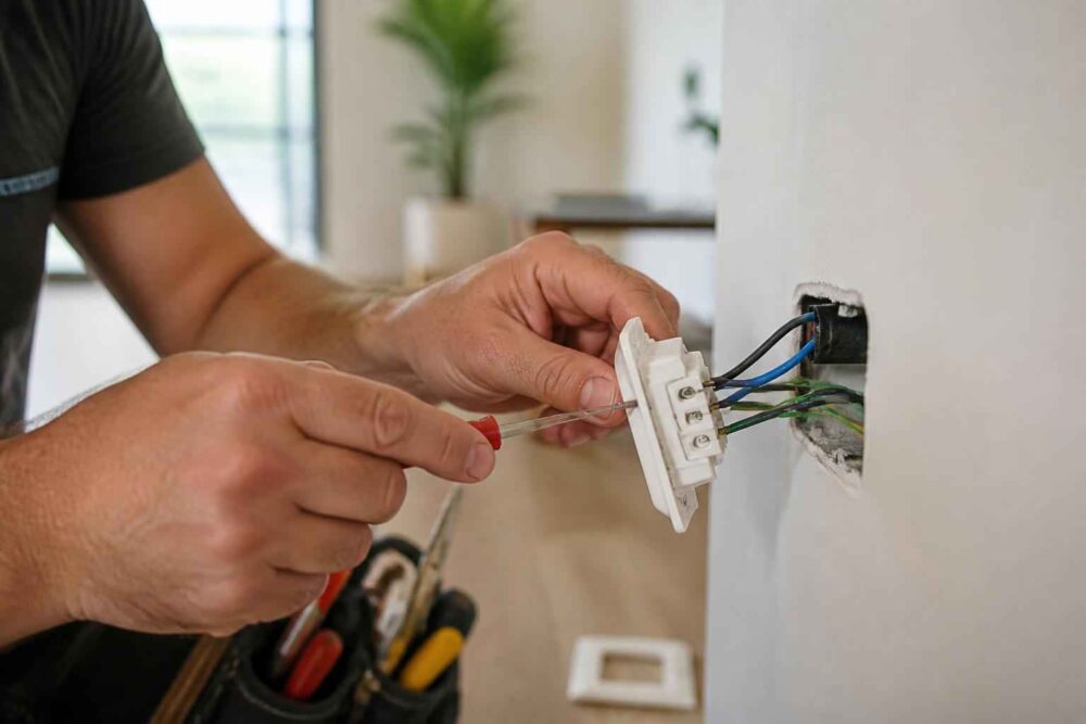 Montaż gniazdka elektrycznego w ścianie Elektryk montuje gniazdko i podłącza kolorowe przewody w puszce elektrycznejાન્ય