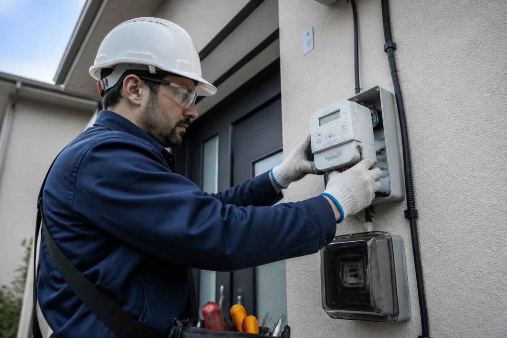 Monter w kasku i rękawicach sprawdza licznik energii na ścianie budynku