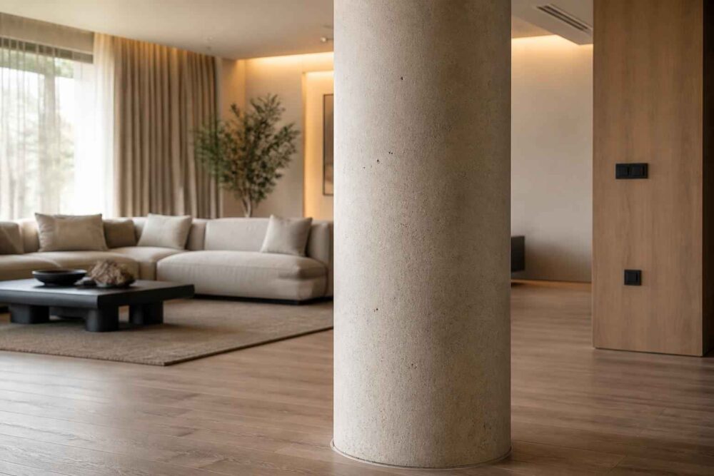Elegancki salon z jasną sofą, drewnianą podłogą i betonową okrągłą kolumną na pierwszym planie