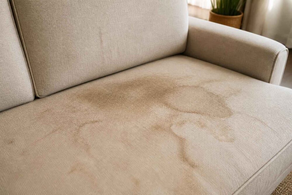 Jasna sofa z widocznymi plamami na siedzisku i oparciu