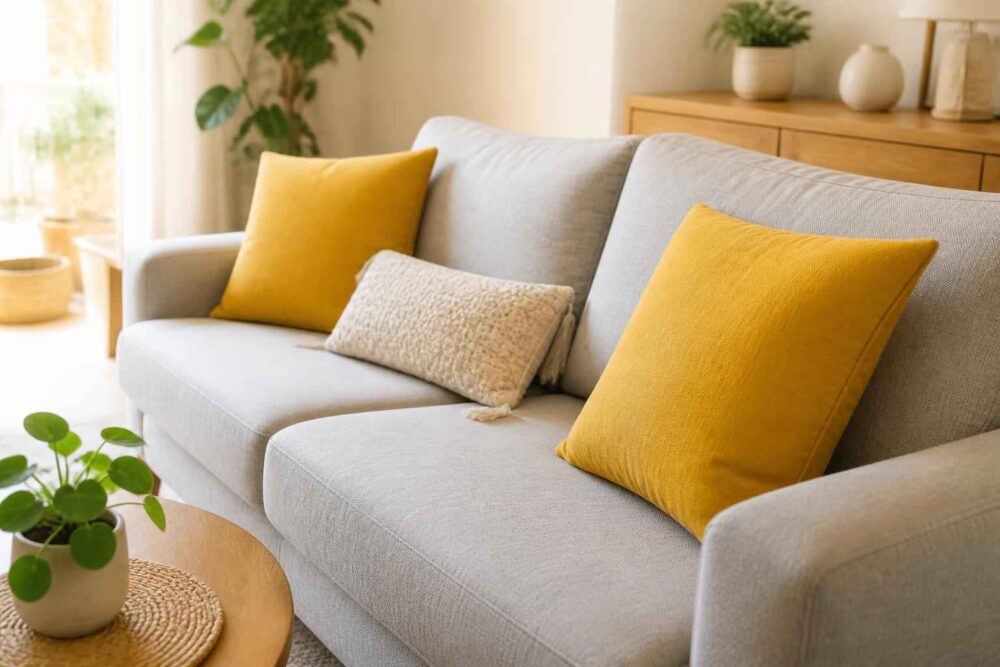 Przytulny salon z szarą sofą i musztardowymi poduszkami Szara sofa z musztardowymi i beżową poduszką w jasnym salonie z roślinami doniczkowymi