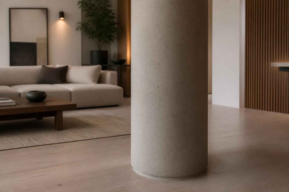 Salon z betonową kolumną i drewnianymi akcentami Przytulny salon z jasną sofą, drewnianą podłogą i okrągłą betonową kolumną na pierwszym planie