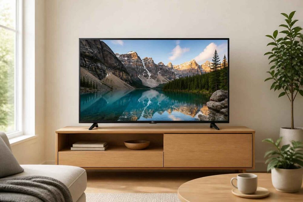 Nowoczesny salon z telewizorem pokazującym turkusowe jezioro wśród gór i lasów